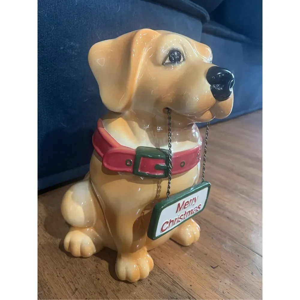 CKRO Puppy Dog Ceramic Merry Christmas or Welcome Sign Cookie Jar